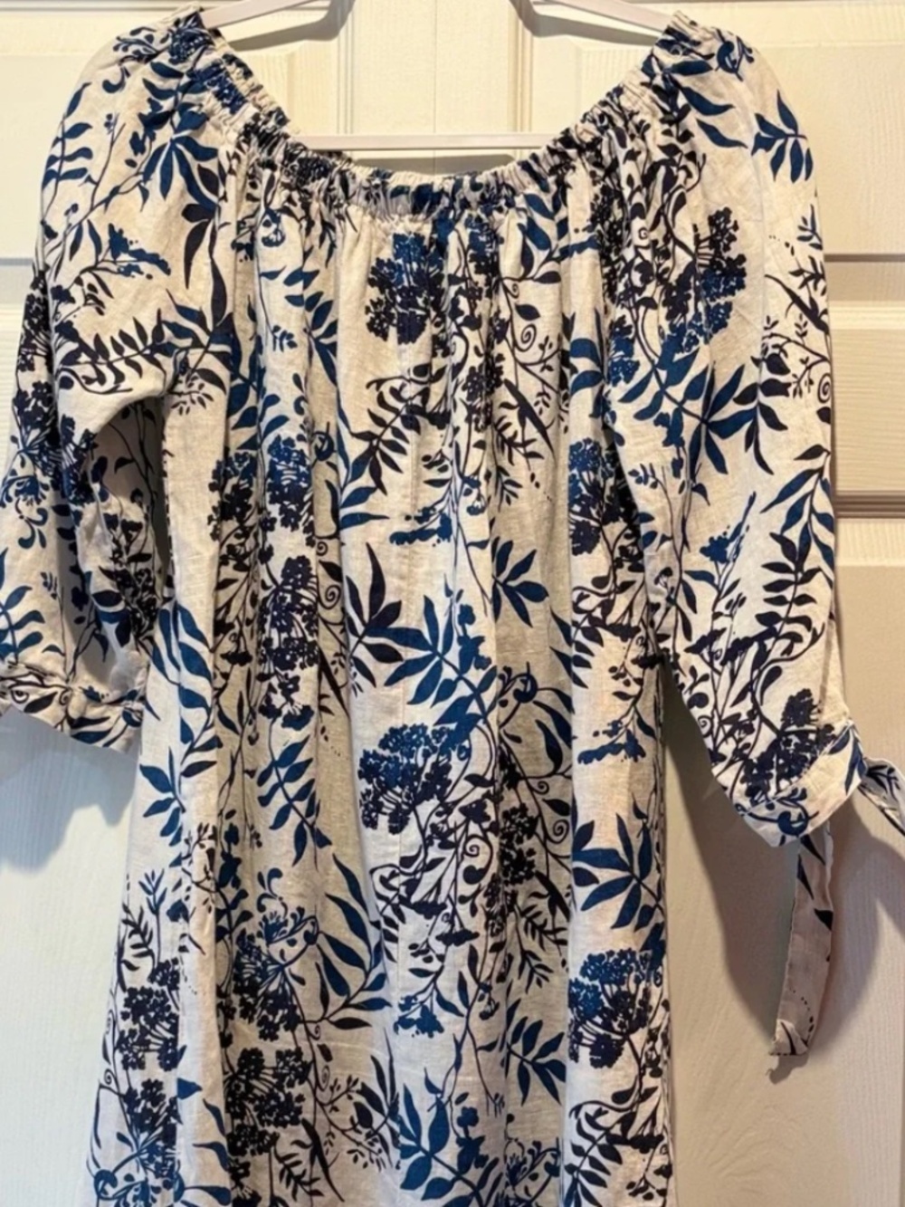Valentina Naldi Blue White Floral Off-Shoulder Shift Dress Ties Linen Coastal L